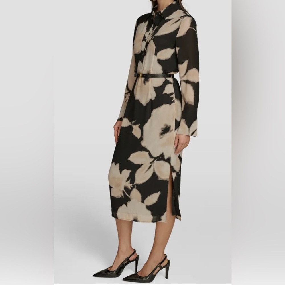 Donna Karan Floral Black, taupe and Cream Midi Dress with one side kick pleat. - Picture 5 of 9